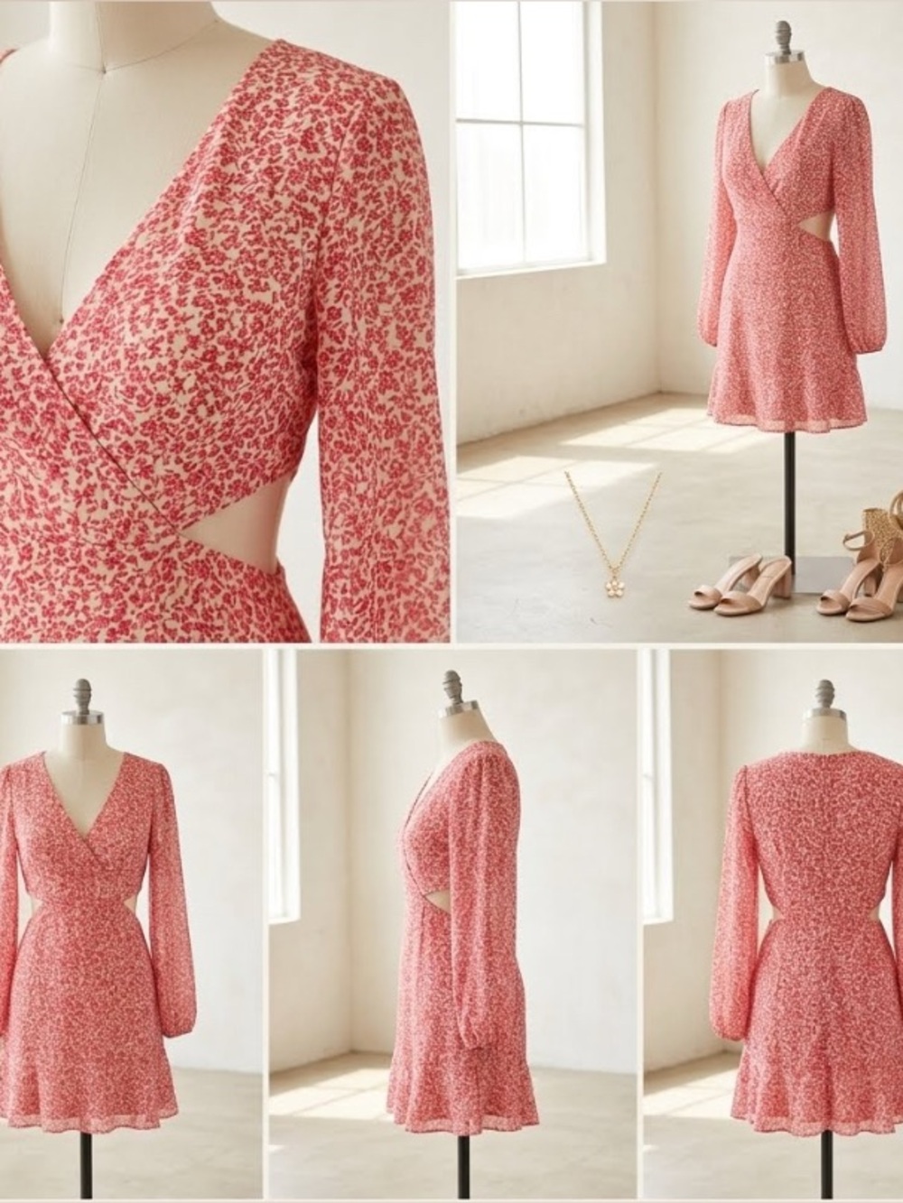 NWT Lush Bubble Long Sleeve Pink Tiny Floral Cut Out V Neck Mini Dress Sz L